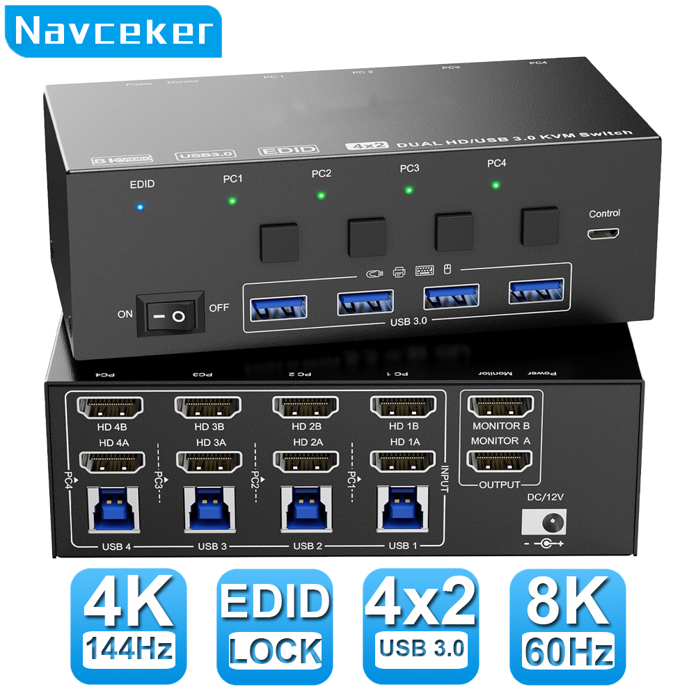 Navceker 8K KVM Switch HDMI 4  - مراجعة Kvm Switch Dual Monitor وسعره